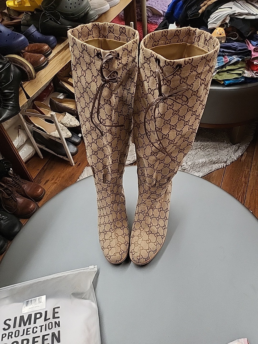 Gucci GG Monogram Canvas Thigh High Tall Lisa Boots Size 38 Gucci GG Monogram Canvas Thigh High Tall Lisa Boots Size 38