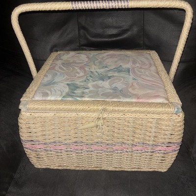 Wicker Woven Sewing Box Basket Vintage Wooden Bottom Large