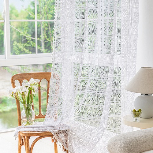 White Rustic Hand Crochet Lace Curtain Window Drapes Panels Bedroom Rod Pocket - Picture 18 of 24