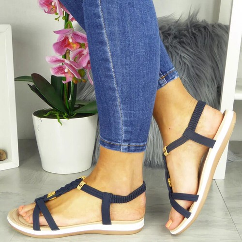 Sandalias para mujer damas elásticas con tiras verano dedos abiertos cómodas planas damas talla - Imagen 18 de 34