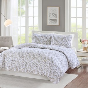 Sealed Madison Park 3 Pc Quilt Set Neutral Botanical Full