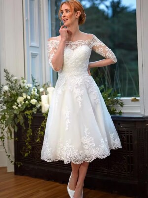white christmas dresses Mondressy Satin Wedding Dresses Women's Elegant A-Line/Princess Scoop Neck 3/4 Sleeves Floor-Length Formal Wedding Party Gowns, As Pic main image 1
