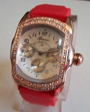 Men's Rose Gold Finish Red Silicone Band Fashion Casual Hip Hop Wrist Watch