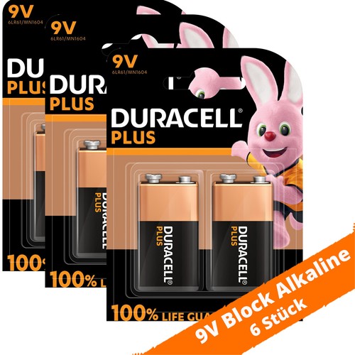 6 x Duracell 9V-Block Plus MN1604 E-Block 6LR61 Batterie Plus Power 3 x ...
