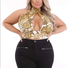 Fashion Nova Royal Ego Leopard Halter Top Women’s 1XLarge Cream Gold Sleeveless