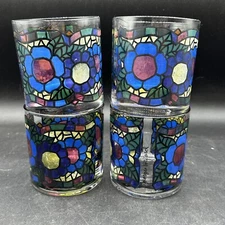 Vtg  MCM Georges Briard Flower Stained Glass Old Fashioned Rocks Glasses Low