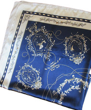 Unbranded Square Silk Feel Polyester Blue Cream  Gold Scarf 34" x 35"