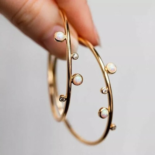 14K Yellow Gold Plated Silver 1.58Ct Round Natural Fire Opal Women Hoop Earrings
