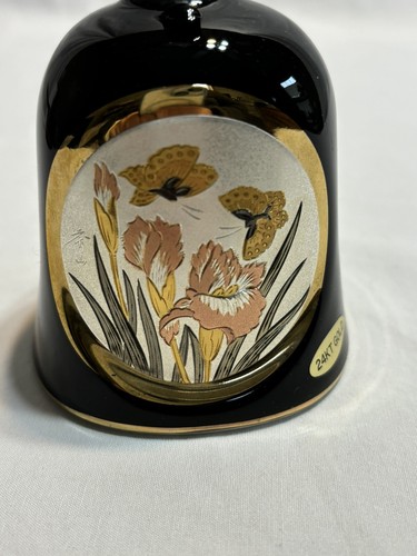 Vintage Chokin Bell Black W/ 24k Gilded Trim Butterfly & Flowers Scene - Picture 2 of 8