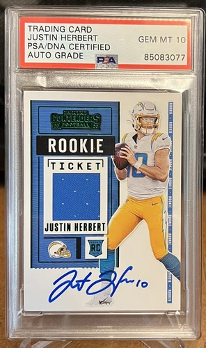 JUSTIN HERBERT AUTO PATCH 2020 CONTENDERS ROOKIE TICKET SWATCH PSA 10 GEM MINT B