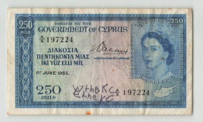 CYPRUS 250 Mils 1955, P-33a, First Date, Crisp VF (writing, rust), QEII Note. B7