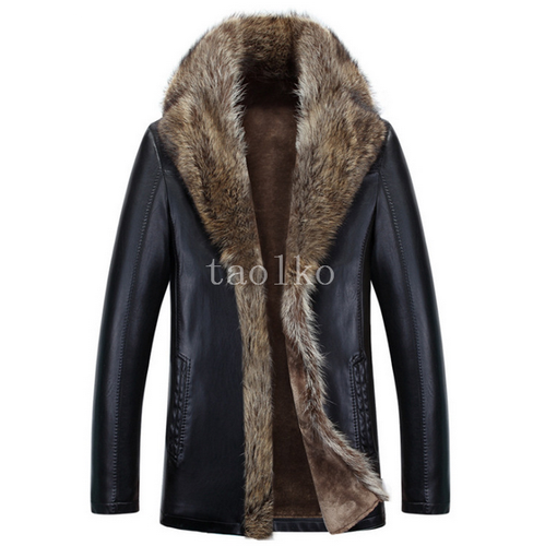 Mens Real Raccoon Fur Collar Sheep Leather Lamb Fur Lined Jacket Coat Button 5XL