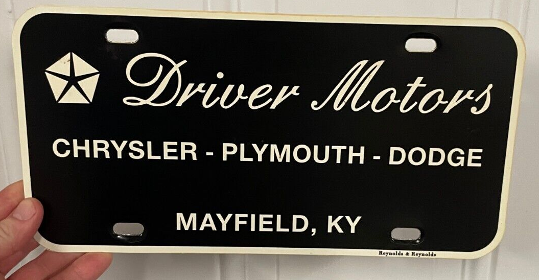 Vintage Driver Motors License Plate Mayfield KY Chrysler Plymouth Dodge