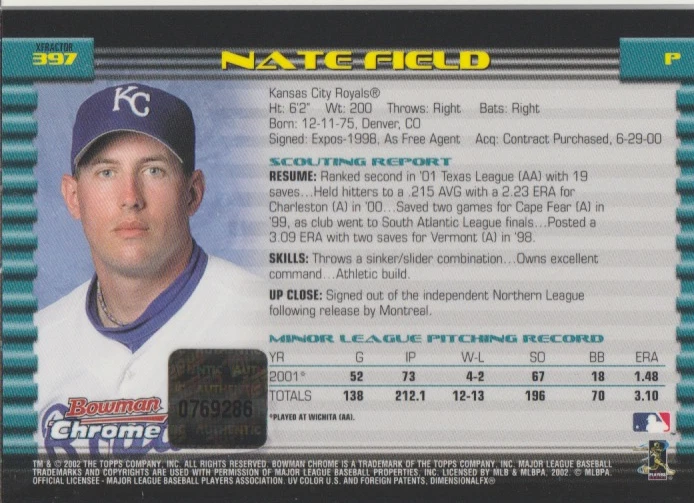 Nate Field 2002 Topps Bowman Chrome rookie RC refractor autograph auto card 397 - Image 2 of 2