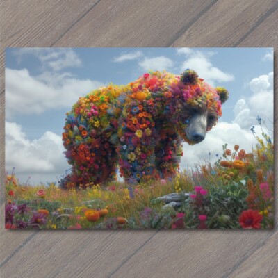 Art Print Bear Covered Flowers Cute Strange Fun Colorful Unreal Unusual Mountain