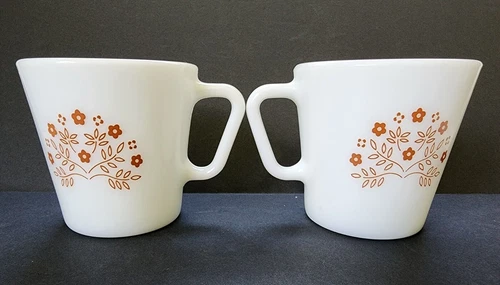 PYREX two coffee mugs Summer Impressions brown floral vintage white milk glass