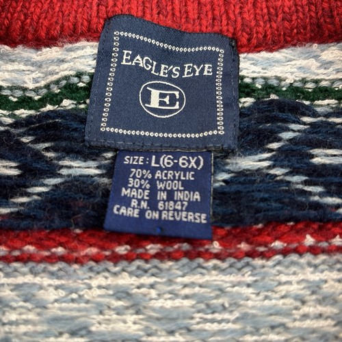 Kid's Unisex 6-6x Eagle's Eye Fair Isle Red Zip Sweater Part Wool Holiday VGUC - Picture 3 of 10