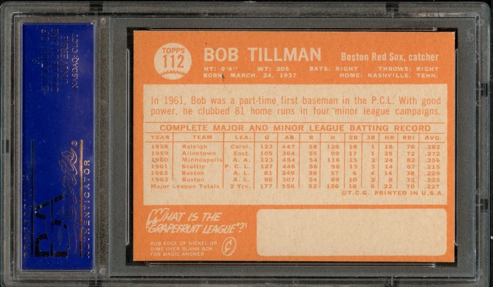 BB - 1964 Topps - #112 - Bob Tillman   - PSA 8 - NM-MT - Image 2 of 2