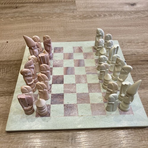 Vintage African Soapstone Chess Set And Square Chess Board Kenya 1970s