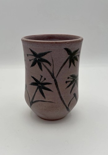 Tropical Palm Trees Light Pink Botanical Studio Art Pottery Cup Vase 5" Signed