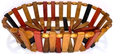 Vintage Small Brown/Red/Blue Wooden Slat/Bead 7.75" x 5.5" x 1.75" Oval Basket