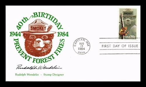US COVER SMOKEY BEAR PREVENT FOREST FIRES 40TH ANNIVERSARY FDC THERMOGRAPHED