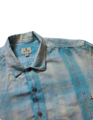 Solitude Button Up Shirt Men L Blue Plaid Short Sleeves Linen Blend Casual