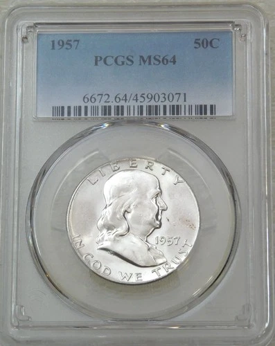 1957 P Franklin Half Dollar PCGS MS64 95% FBL Frosty Luster New Holder #J204S