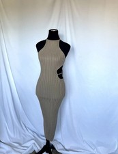 PrettyLittleThing Stone Knitted Midi Halter Beige Dress Cutout Y2K Wood Ring SzM