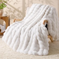 Faux Fur Cream Throw Blanket, Soft Cozy Plush Bubble Blanket for Couch Sofa B...