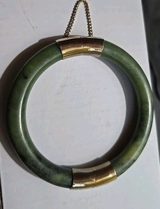 Vintage Chinese Spinach Green Jade Gold Plated Hinged Bracelet, Nephrite Jade.