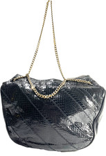 BLk Snake Skin /Leather 90s Large Purse W/ Zipper Snap Closurer Gold Handle