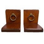 Mid Century Vintage Brown Wood Bookends With Metal Rings Decoration Classy