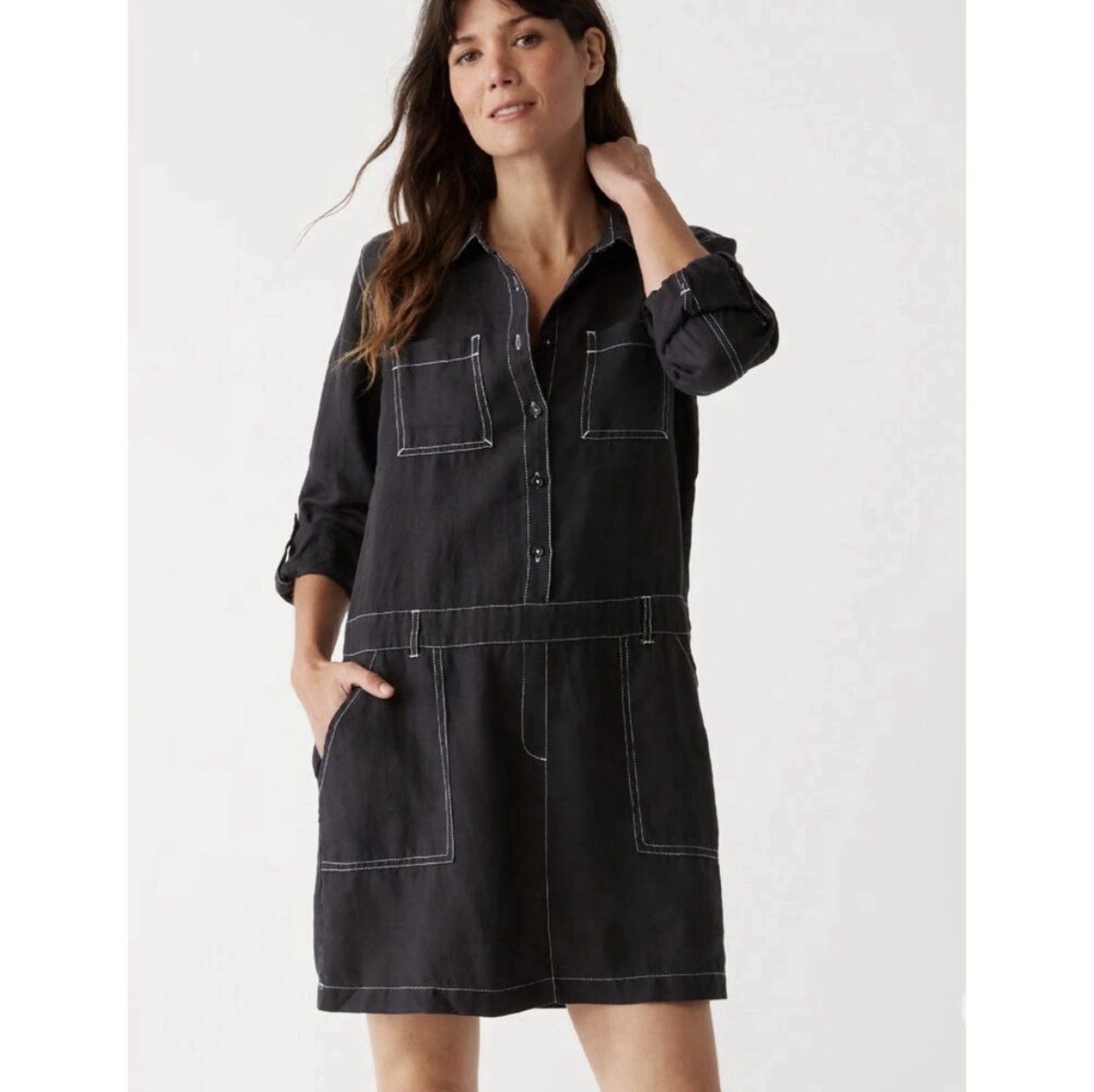 chinese dress ladies Twill Paneled Shirt Dress Black / Large main image 1