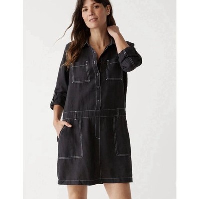 Michael Stars Black Pilar Shirt Dress Size M 100% Linen Utility | eBay