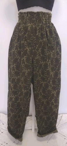 Vintage 90s Venezia Paisley Corduroy Paperbag Pants Balloon Leg Tapered Green