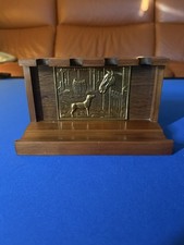 Vintage 4 Place Wooden Pipe Rack With Farm Themed Brass Motif Tobacco