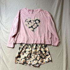 Justice Daisy Heart Pajama Set Pink Girl's Large 12-14 Soft Cozy Satin Fleece