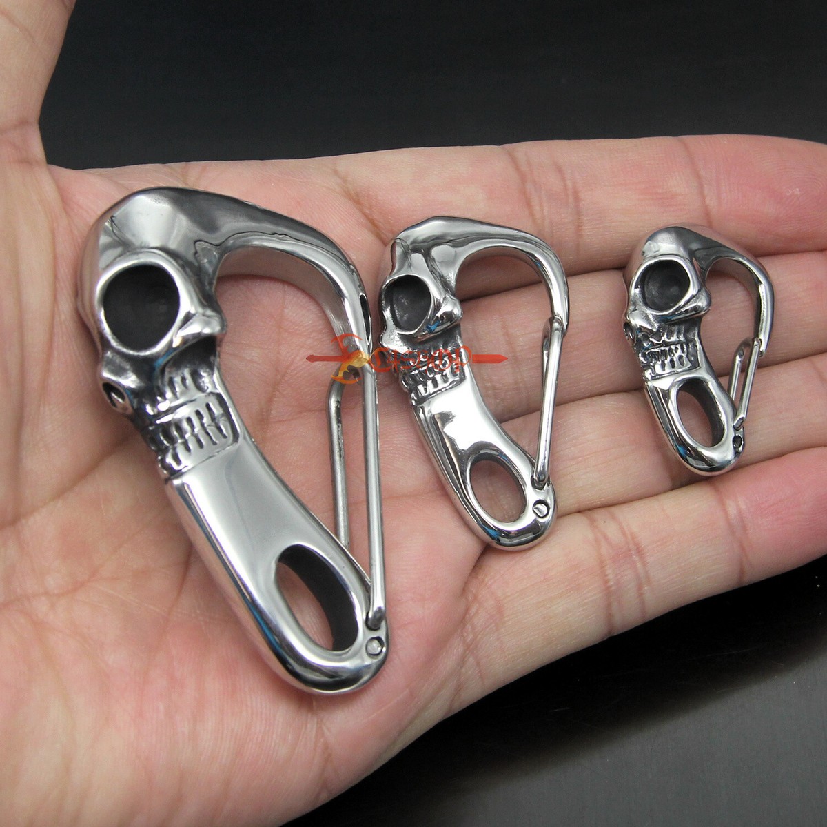 Large Solid Stainless Steel Skull Clasp Carabiner Wallet Key Chain