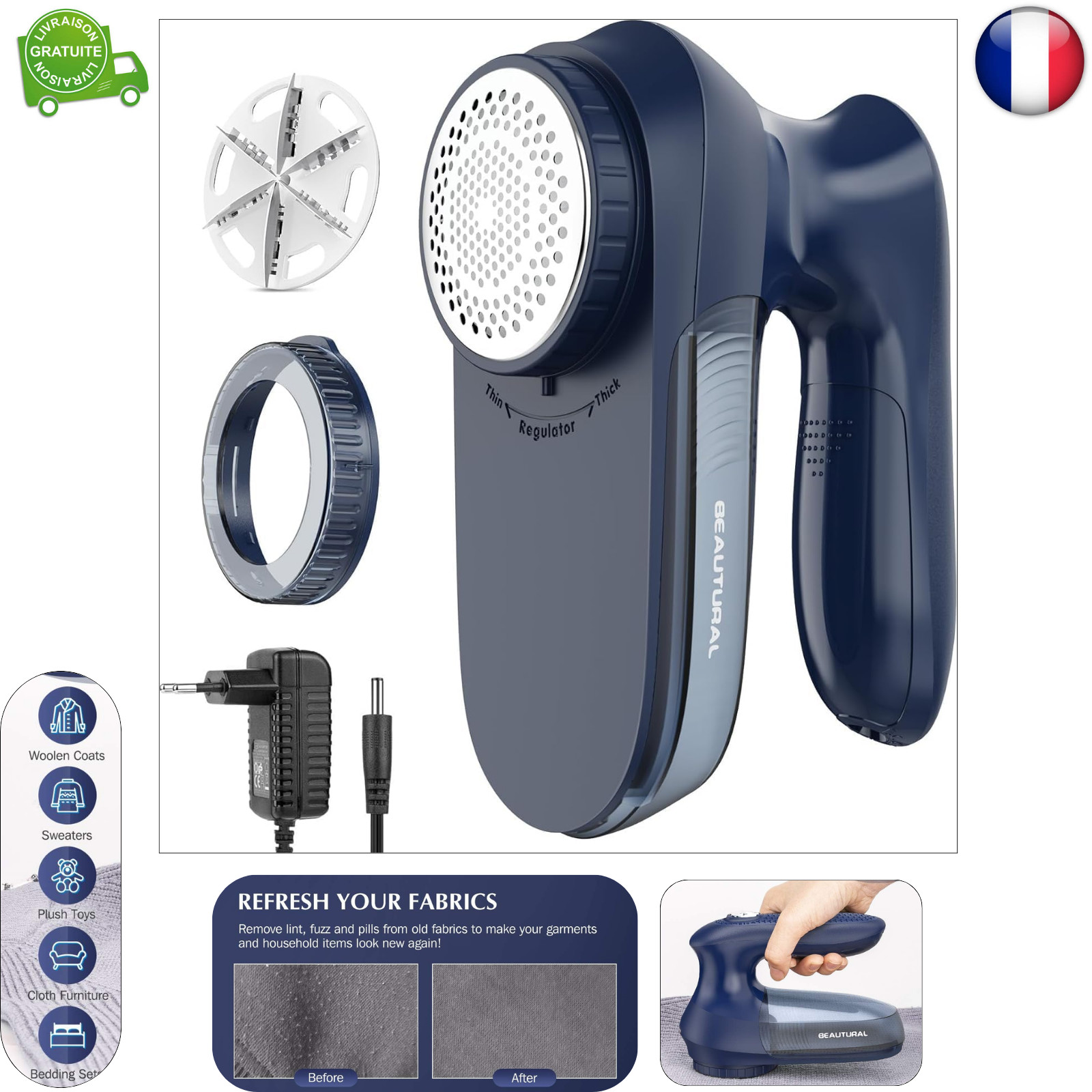 Rasoir anti-bouloche BEAUTURAL secteur et pile pour l'entretien textile