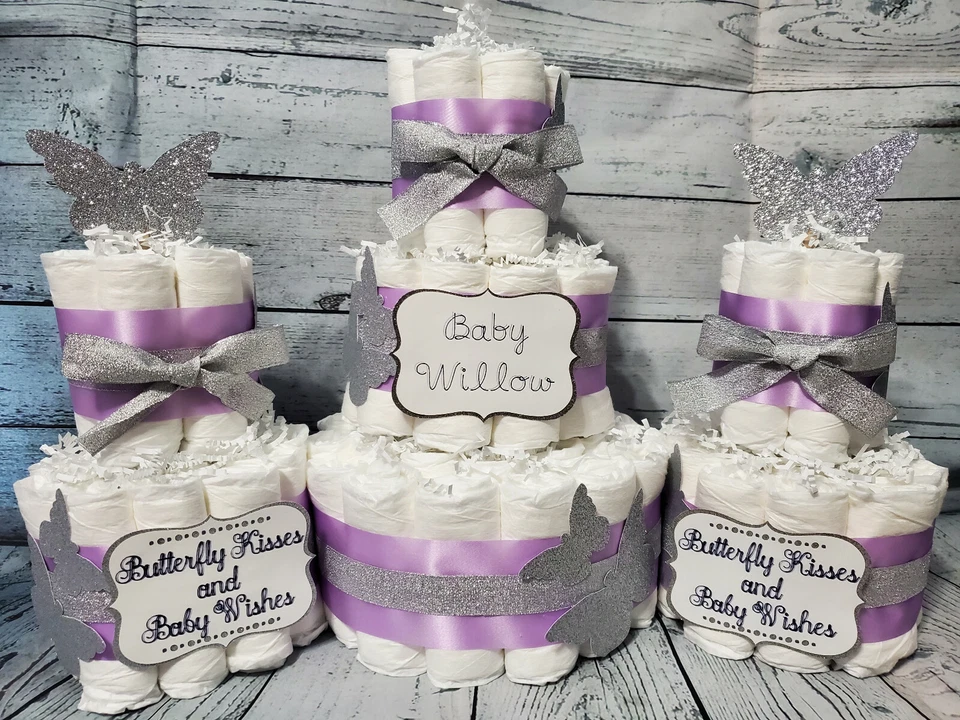 Juegos y pasteles de pañales de 3 niveles - Butterfly Kisses Baby Wishes púrpura plata dorado Foto 2 de 4