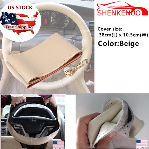 Leather Car Steering Wheel Cover Needle Thread Anti-slip Beige For Ford Mustang - Afbeelding 6 van 10