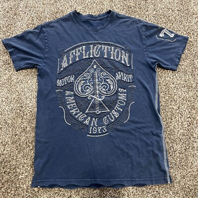Vintage Y2K Affliction Blue Embroidered T Shirt Size M Biker Style Rock Music