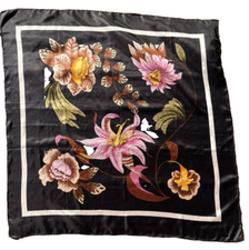 Tropical Flowers Lillies Lightweight Rolled Edge Silk Scarf 24x24 VTG