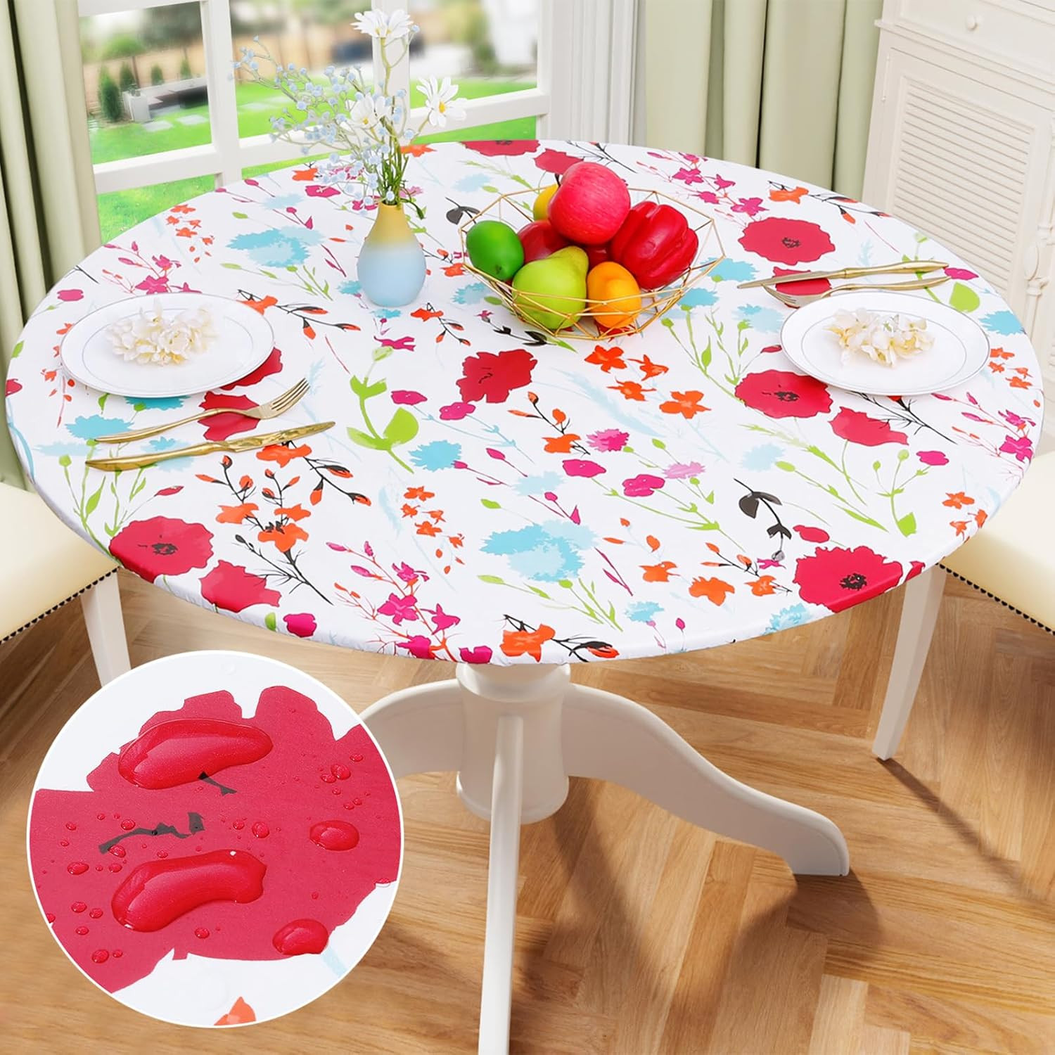 Round Fitted Tablecloth with Elastic Edge 100% Waterproof Oil Proof Plastic