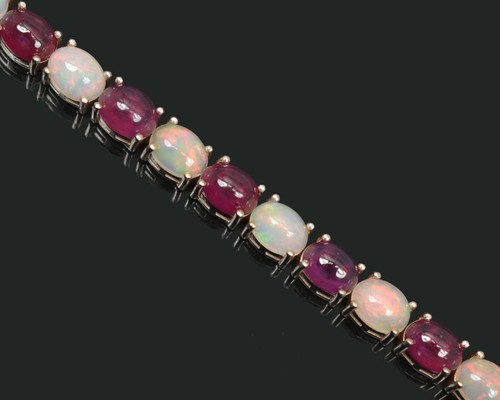 Natural Ethiopian Opal & Ruby Gemstone 14K Rose Gold 925 Silver Tennis Bracelet - Picture 5 of 5