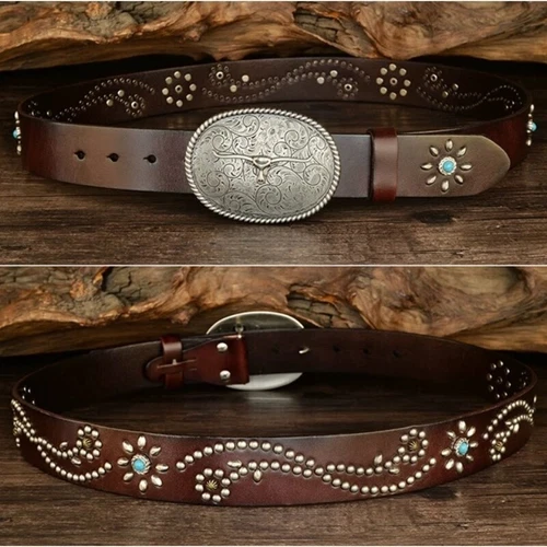 Real Leather Waist Belt Heavy Metal Stone Rivet Studded Unisex Punk Waistband - Picture 18 of 28