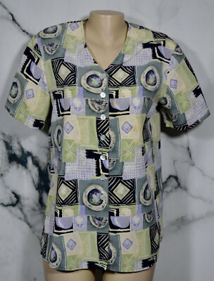 HERITAGE ROAD Green Gray Lavender Patterned Shirt Blouse Medium Short Sleeves