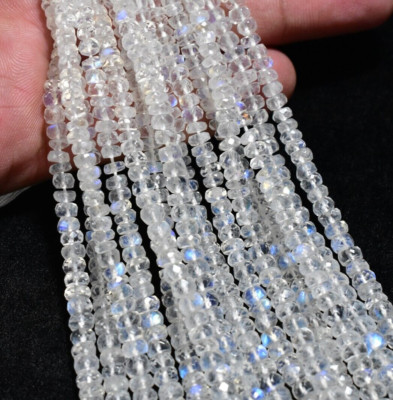 AAA Natural White Rainbow Moonstone Faceted Rondelle Beads 16'' Strand 3-5.5mm