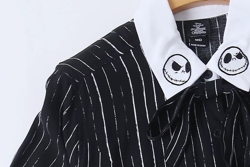 Disney Nightmare Before Christmas Black Button Up Shirt L XL XXL Striped Blouse - 第 4/13 張圖片